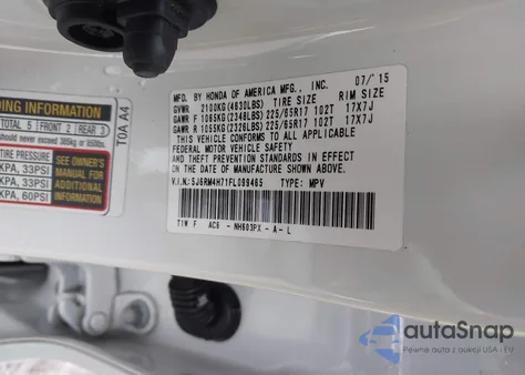 2015 Honda Cr-V Ex-L z USA, uszkodzony, nr VIN 5J6RM4H71FL099465